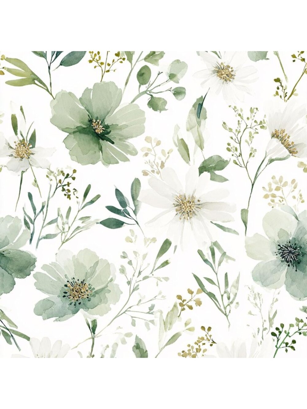 Sage Green Floral Peel and Stick Wallpaper - Removable Watercolor Design for